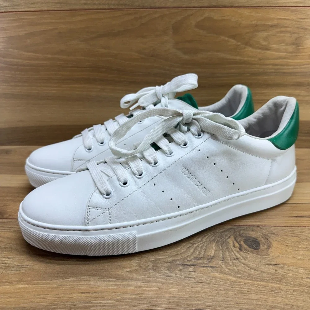 Roberto Cavalli White Green Leather Mens‎ 10 EU 43 Low Top Sneakers Italy